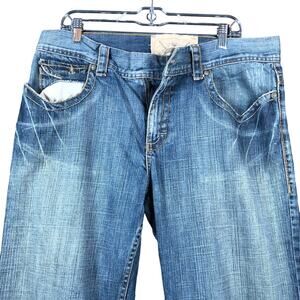 Division E Mens Jeans Blue Heavy Stitching Embroidered Distressed Cotton 36x30